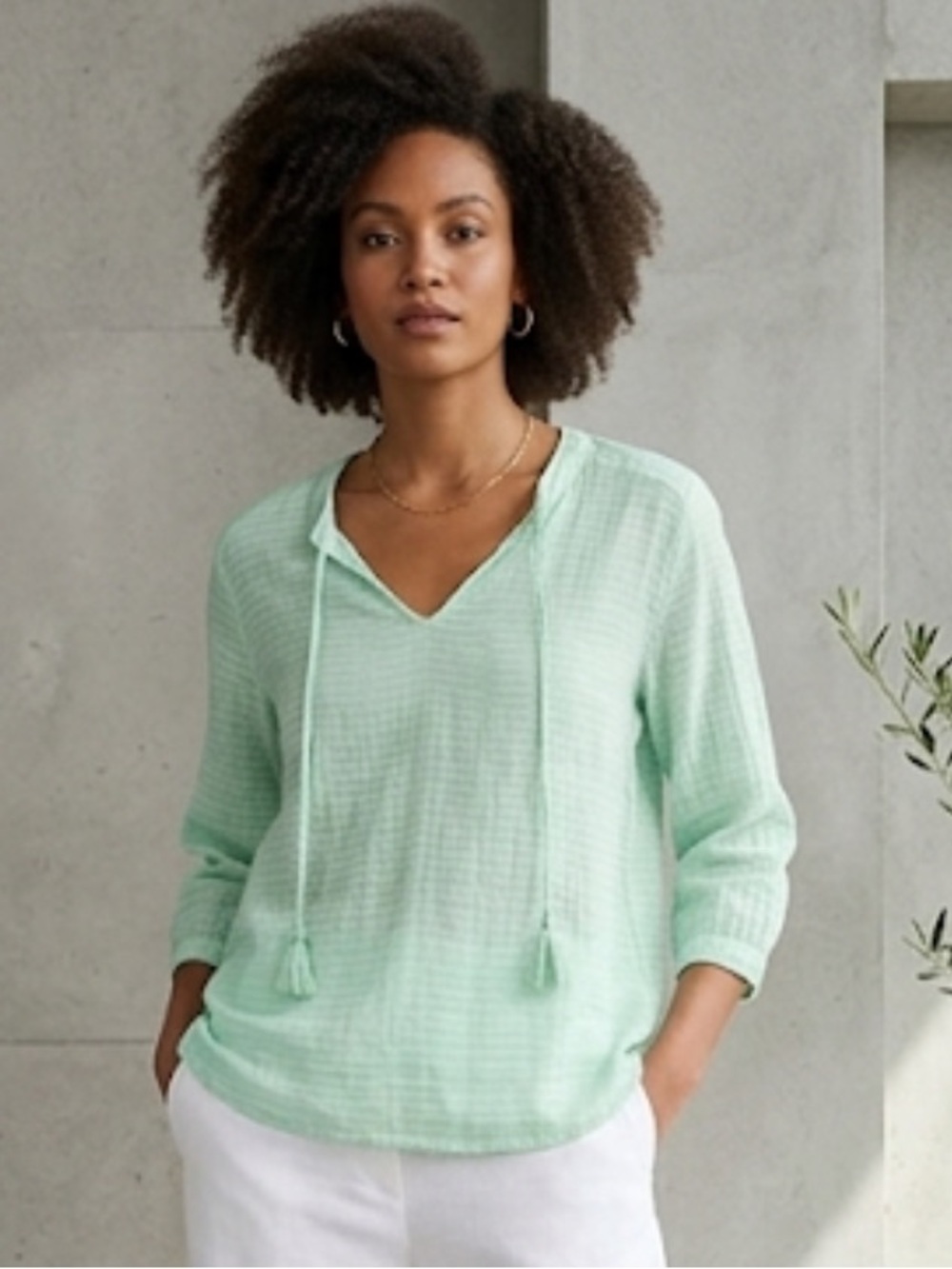 Oliphant Green Block Print 3/4 Sleeve Cotton Top Size Small